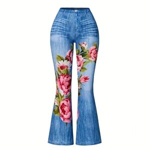 Blue Floral Print Flared Jeans  Imitation Denim - Sz Medium